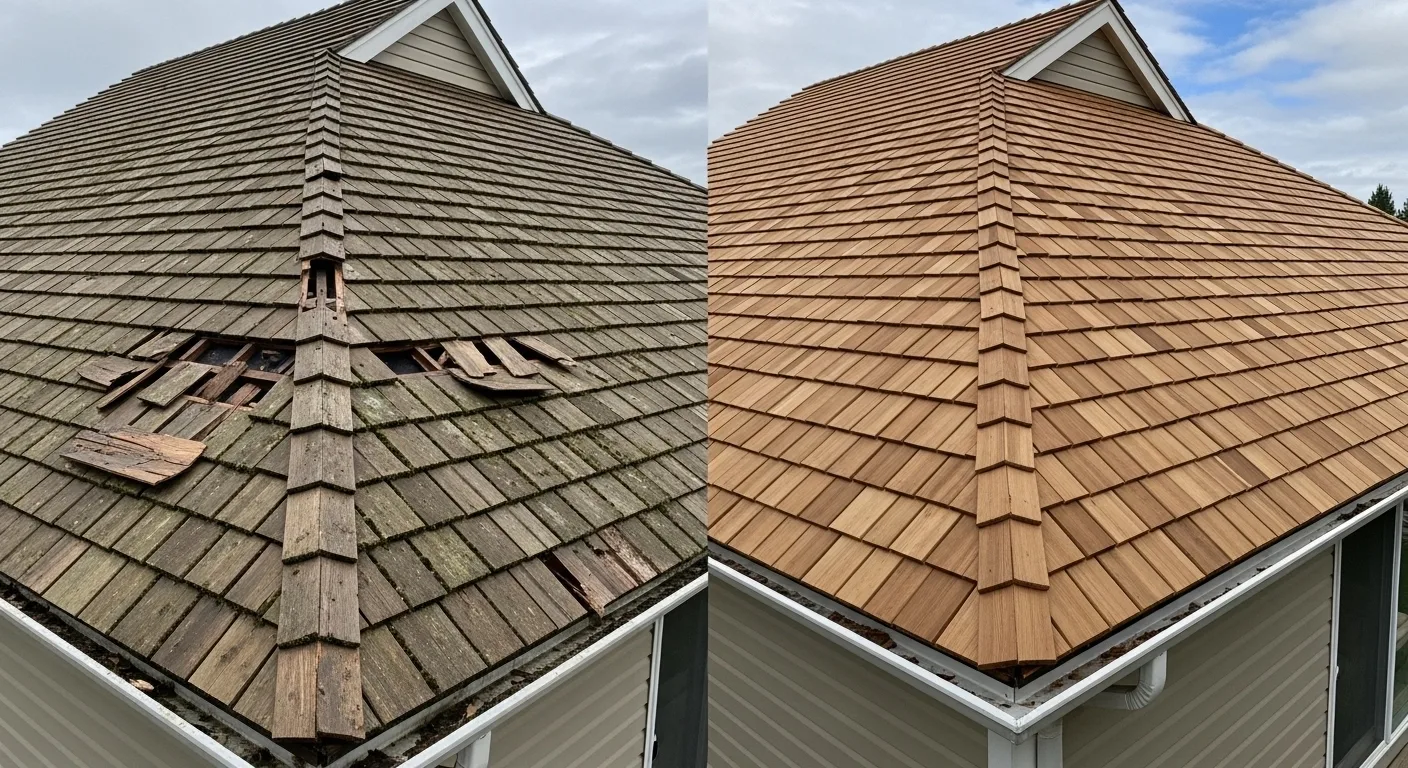 Cedar shake roof before and after replacement by Shelby Roofing Services PA NJ