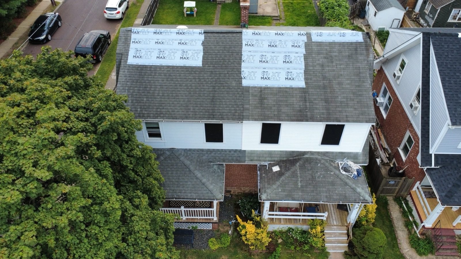 Aerial drone inspection of storm damaged roof — Shelby Roofing Services Blue Bell PA