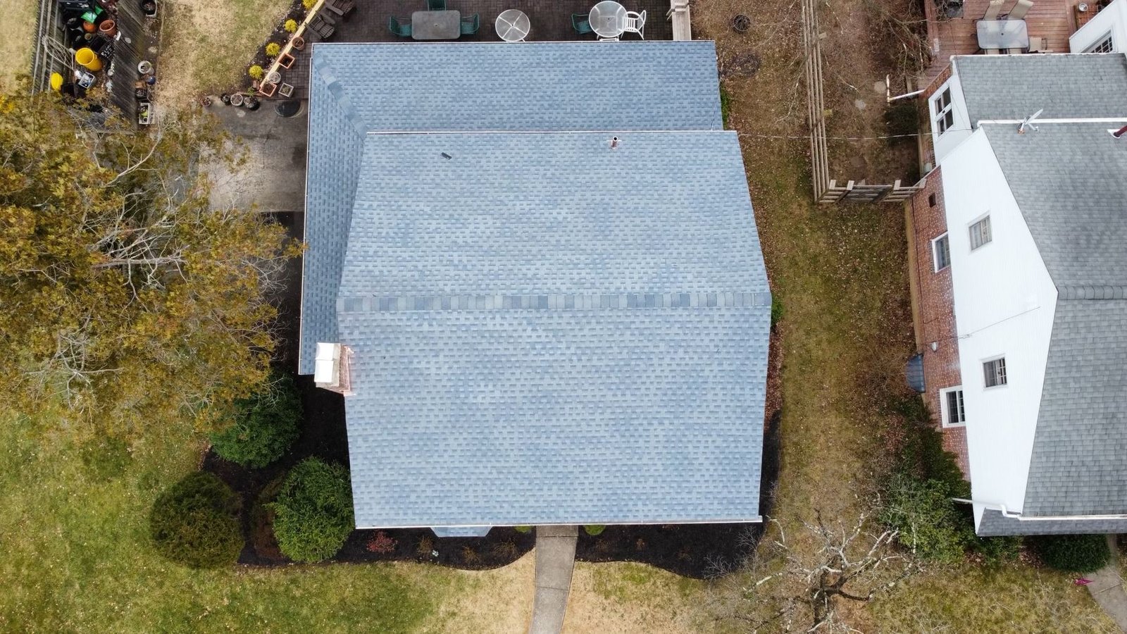 After — top down drone view of completed new shingle addition roof — Shelby Roofing Services PA