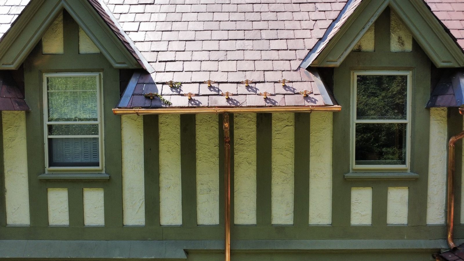 After — front dormers with beautiful new custom copper gutters and downspout — Shelby Roofing Services PA