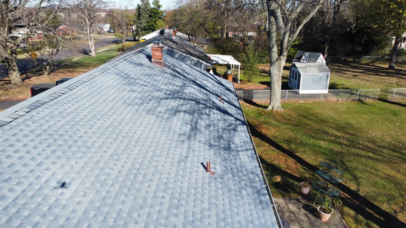 After — wide aerial showing full property and completed roof — Shelby Roofing Services PA