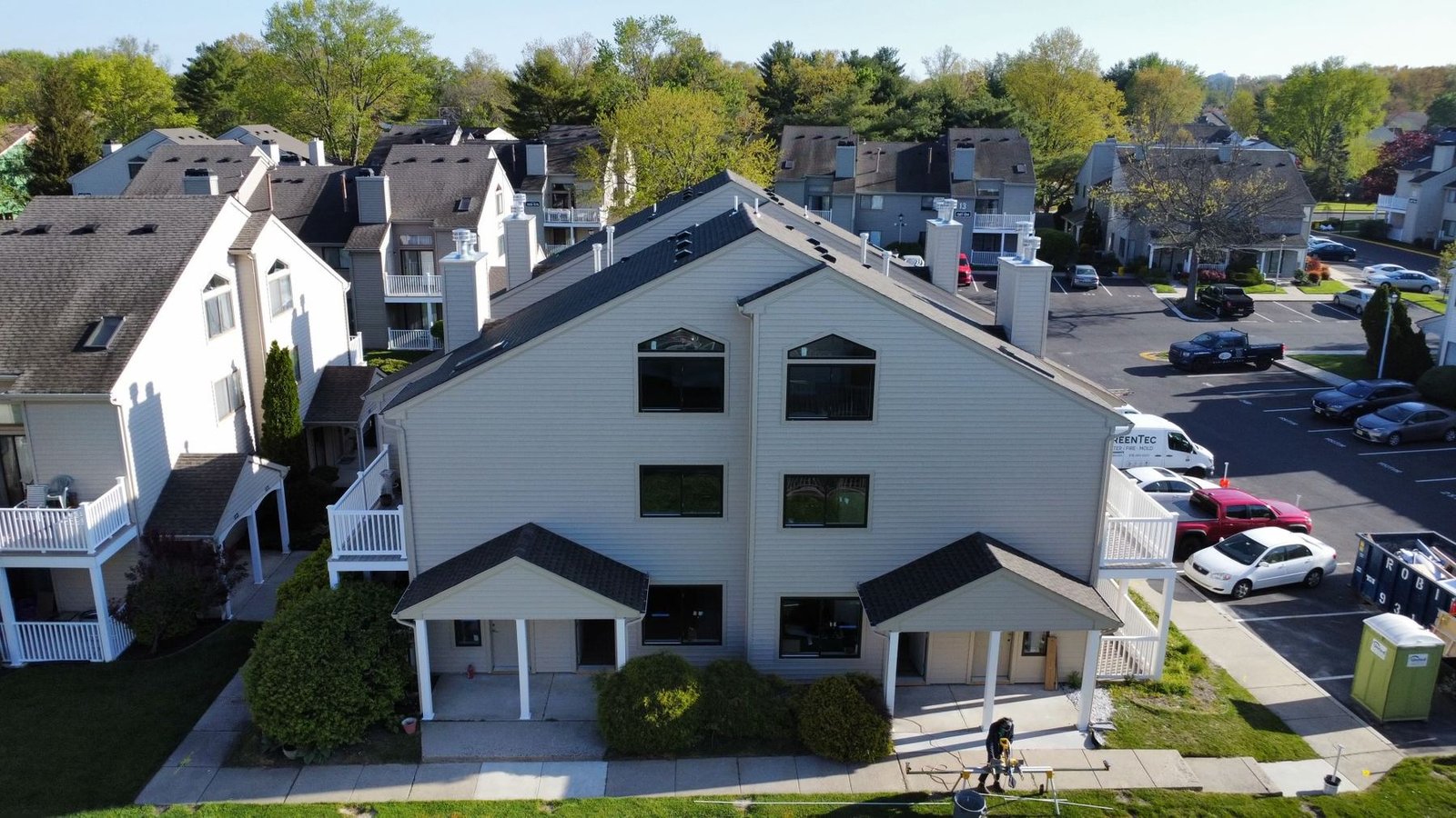 After — aerial of all buildings with new shingles — Shelby Roofing Services PA