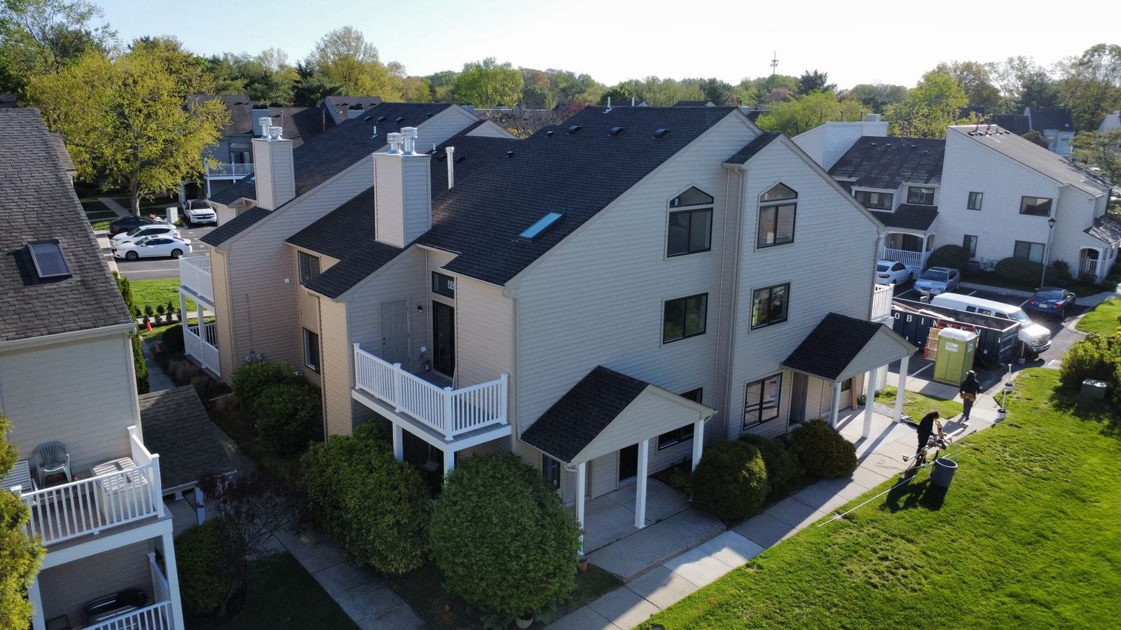 After — side aerial of completed condo complex — Shelby Roofing Services PA
