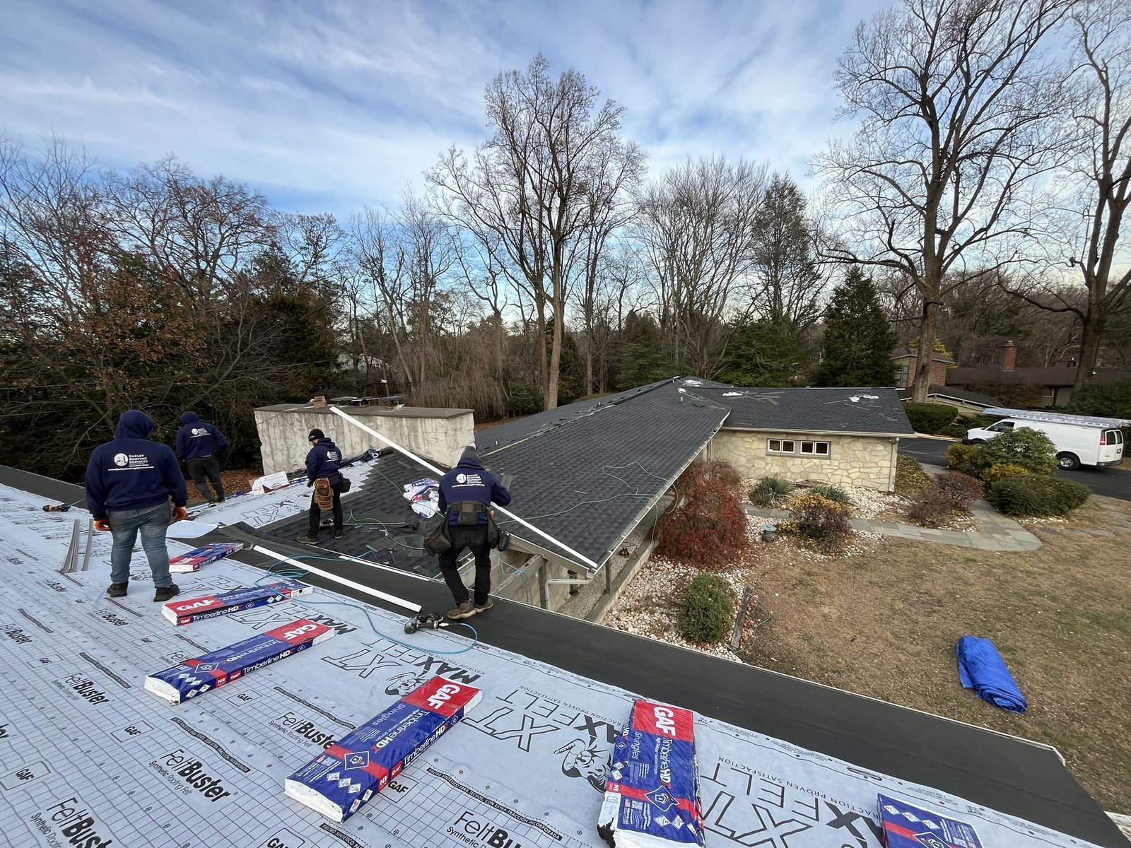 Before — Shelby Roofing crew assessing storm damage, PA