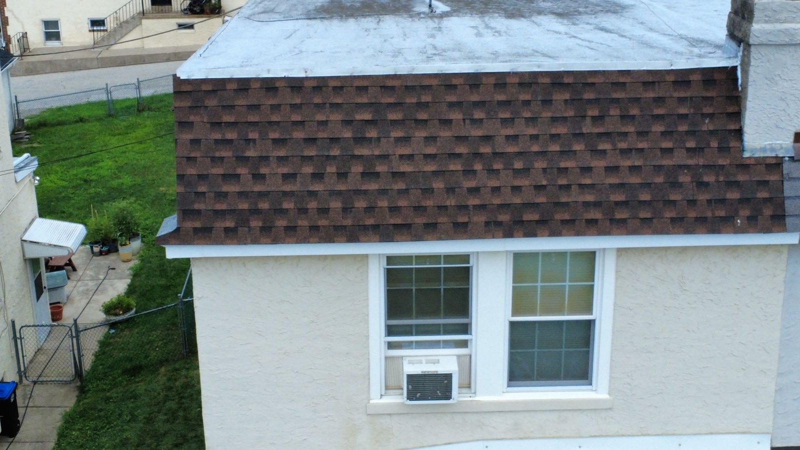 After — side aerial of rowhouse with new shingles — Shelby Roofing Services PA