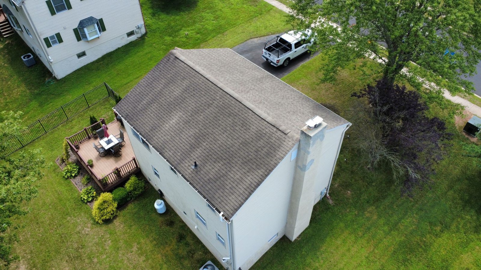 Before — top-down aerial of colonial with old weathered shingles, PA
