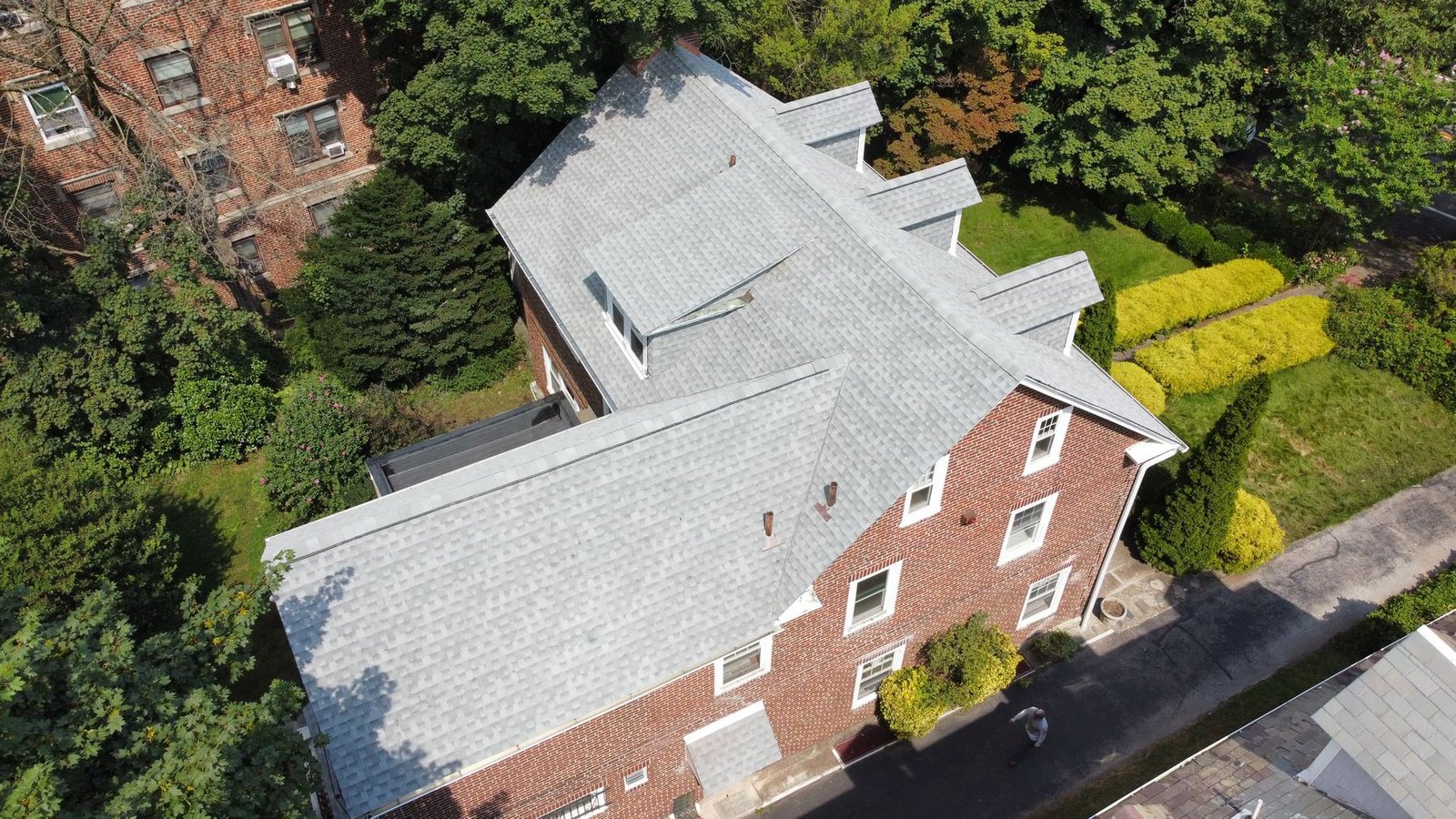 After — top down drone view of completed new shingle roof — Shelby Roofing Services PA