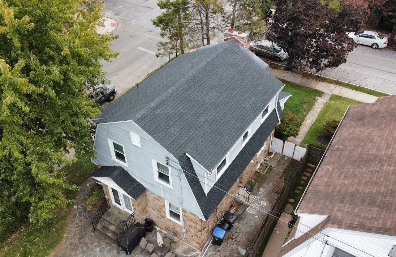 After — aerial top-down view of completed charcoal shingle replacement — Shelby Roofing Services PA