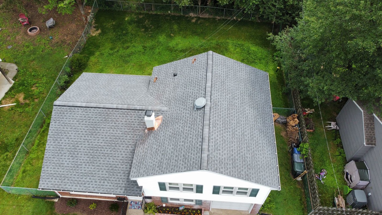 After — top-down aerial of completed charcoal shingle roof — Shelby Roofing Services PA